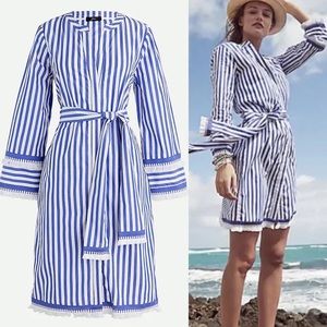 J. Crew Belted Cotton Poplin Tunic: Blue White Stripe Beach Coastal